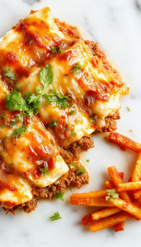 Colorful serving of cheesy ground beef enchiladas on a rustic wooden platter, topped with melted cheese, fresh cilantro, and red sauce. The enchiladas are rolled and slightly browned, showcasing gooey cheese and savory ground beef filling. Surrounding ingredients include chopped cilantro, sliced jalapenos, and lime wedges for garnishing, styled for a family-friendly dinner setting.