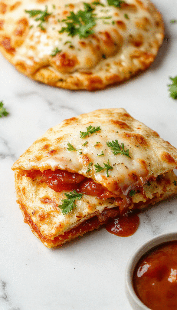 Colorful pepperoni pizzadillas arranged neatly on a rustic wooden plate, golden brown crispy edges, melted cheese oozing out, topped with fresh basil leaves, served alongside marinara sauce in small bowls, creating an inviting and appetizing display.