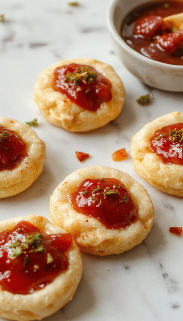 A close-up of golden baked cheese-filled thumbprint appetizers neatly arranged on a white plate, topped with vibrant red hot pepper jelly, surrounded by fresh herbs and crispy bread crumbs, showcasing a golden, cheesy, and glossy appearance with a hint of spice from the jelly.