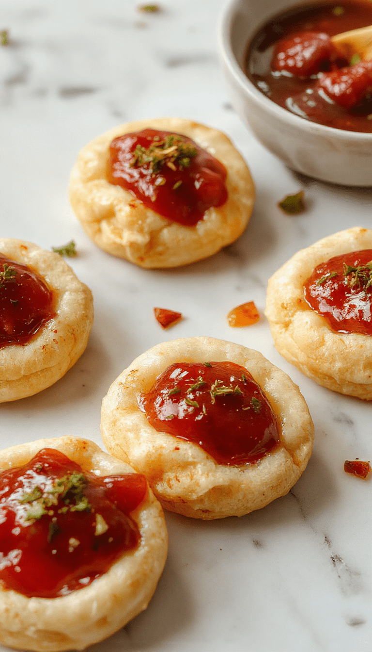 A close-up of golden baked cheese-filled thumbprint appetizers neatly arranged on a white plate, topped with vibrant red hot pepper jelly, surrounded by fresh herbs and crispy bread crumbs, showcasing a golden, cheesy, and glossy appearance with a hint of spice from the jelly.