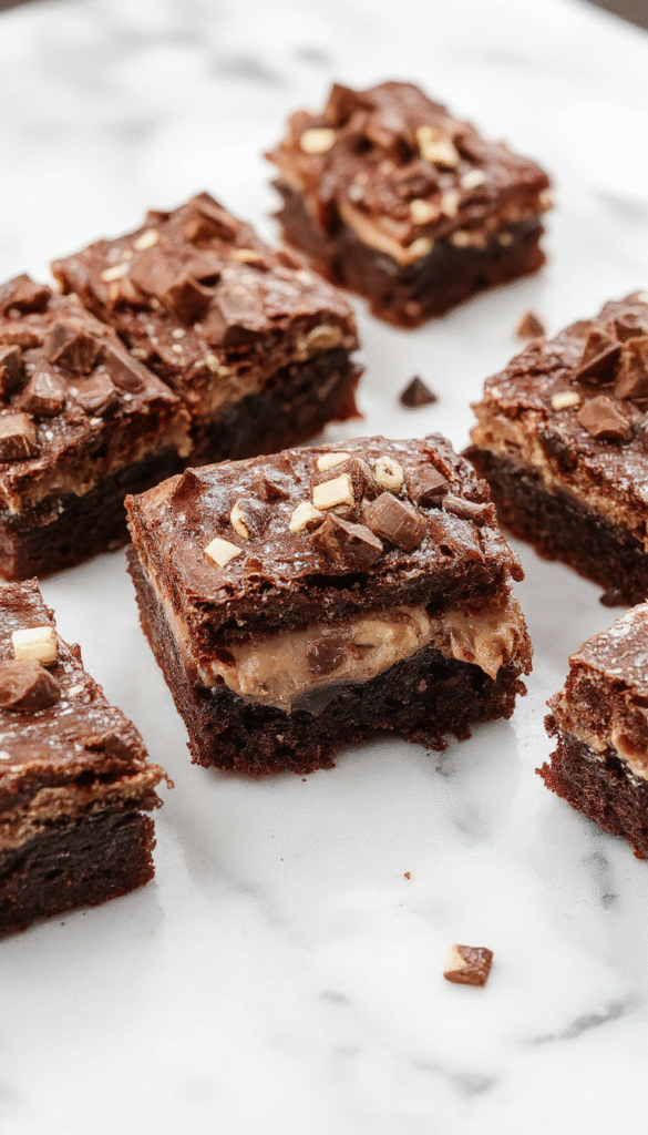 A close-up of rich, chocolate brownies with smooth, velvety mousse layers on top. The brownies are arranged on a stylish white plate, drizzled with glossy chocolate ganache, garnished with a sprinkle of cocoa powder and a few fresh strawberries. The textures of the moist brownie base and the creamy mousse contrast beautifully, creating a luscious and inviting dessert.