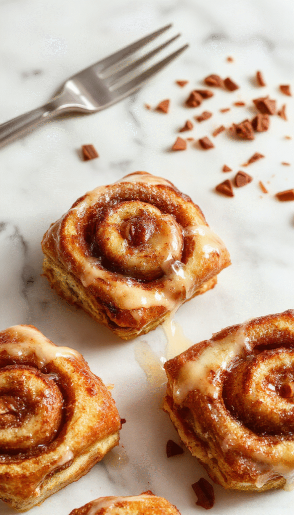 Colorful plate of golden cinnamon roll French toast bites topped with powdered sugar and drizzled with syrup, garnished with fresh berries and mint, styled on a rustic wooden table with syrup and cinnamon sticks in the background
