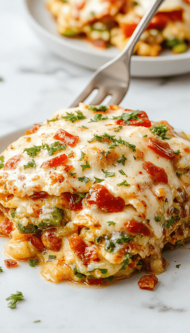 A vibrant white lasagna layered with colorful vegetables like spinach, bell peppers, zucchini, and mushrooms, topped with melted cheese and fresh herbs, beautifully presented on a rustic white plate with a sprig of basil beside it.