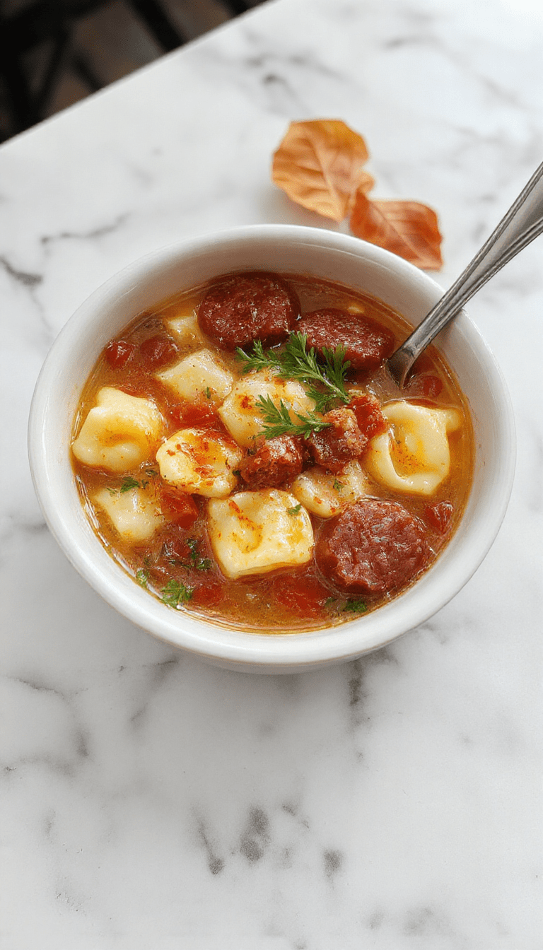 A warm, inviting bowl of autumn tortellini soup featuring round tortellini filled with cheese, chunks of browned sausage, vibrant orange carrots, and leafy greens in a steaming broth. The soup is garnished with fresh herbs and served in a rustic ceramic bowl on a wooden table, with a spoon ready for tasting.