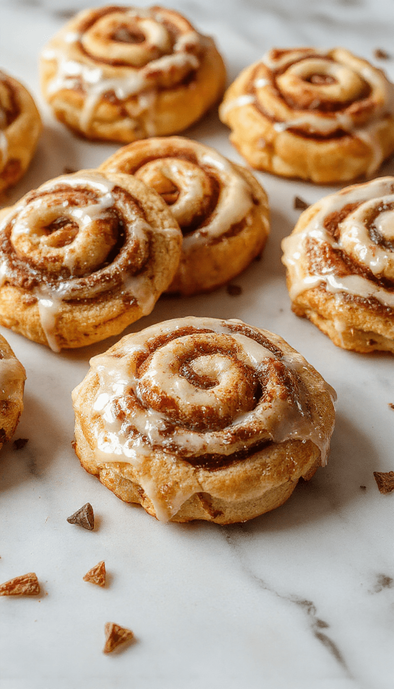 Colorful assortment of cinnamon roll cookies neatly stacked on a rustic wooden platter, showcasing golden-brown edges, swirls of cinnamon filling, and a light dusting of powdered sugar. The cookies have a glossy finish with a soft, crumbly texture, styled on a cozy kitchen setting with cinnamon sticks and warm lighting.