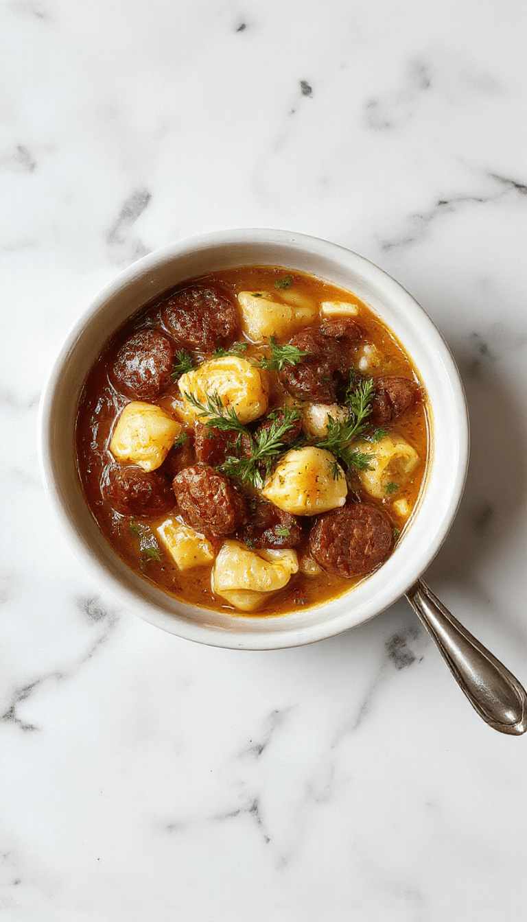 A warm bowl of autumn tortellini soup with slices of sausage, garnished with fresh herbs and Parmesan cheese on a rustic wooden table, vibrant fall colors, steam rising from the dish, inviting and comforting presentation.