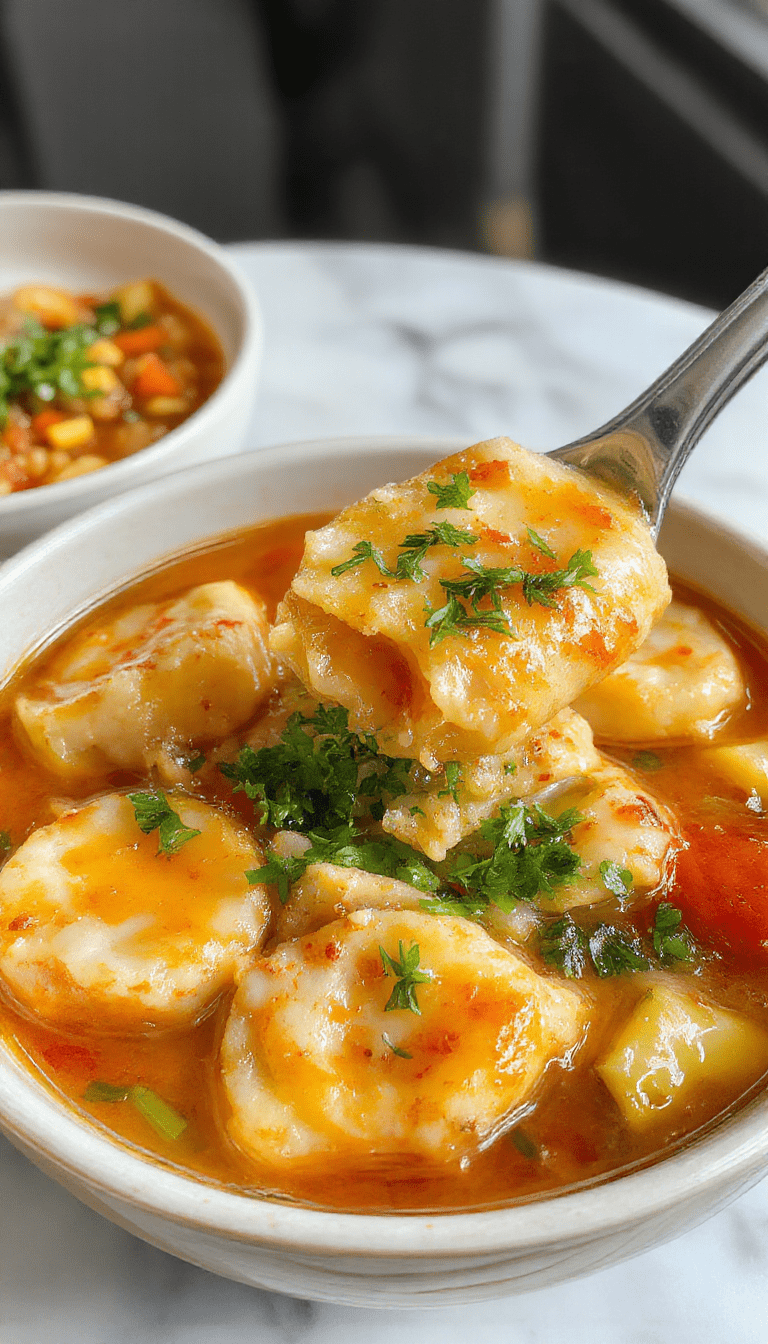 A vibrant bowl of potsticker soup featuring golden brown potstickers floating in a steaming clear broth with chopped green onions, shredded carrots, and sliced bok choy. The soup is garnished with cilantro and sesame seeds, served in a rustic white bowl on a wooden table with chopsticks and a spoon set beside it.
