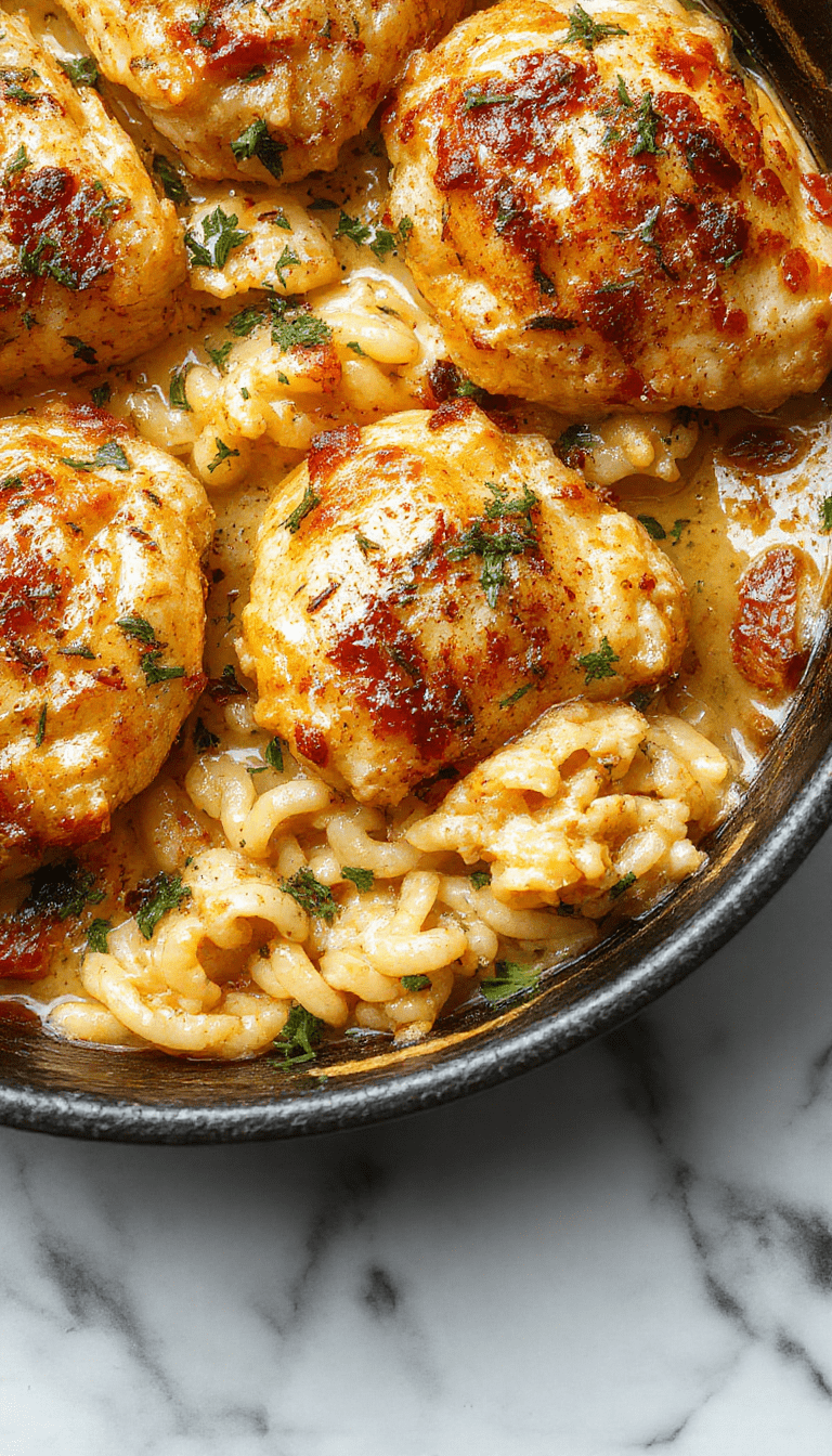 Colorful and appetizing Orzo Tuscan Chicken Bake served on a rustic white plate. The dish features tender chicken pieces, al dente orzo pasta, and vibrant spinach and cherry tomatoes, all coated in a rich, creamy sauce topped with melted cheese. The presentation is garnished with fresh herbs and styled with a wooden background, highlighting the cozy and hearty nature of the meal.