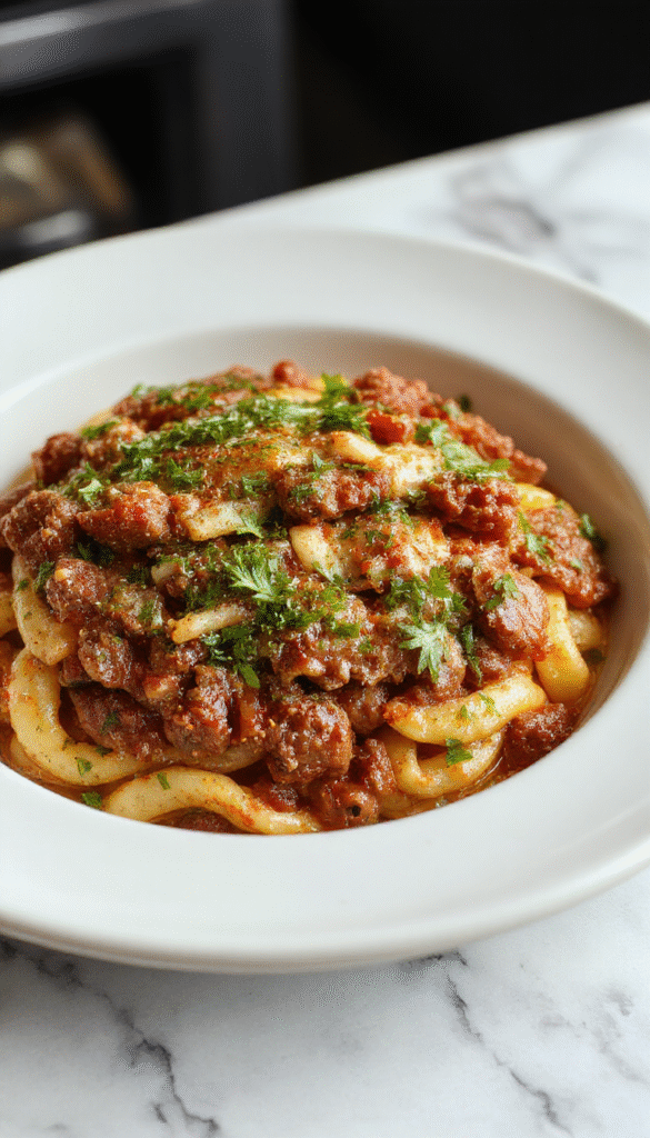 A warm, inviting plate of savory ground beef orzo topped with fresh herbs, featuring tender browned beef mixed with aromatic orzo pasta, garnished with chopped parsley and a sprinkle of grated cheese, served on a rustic wooden table with a cozy kitchen background.