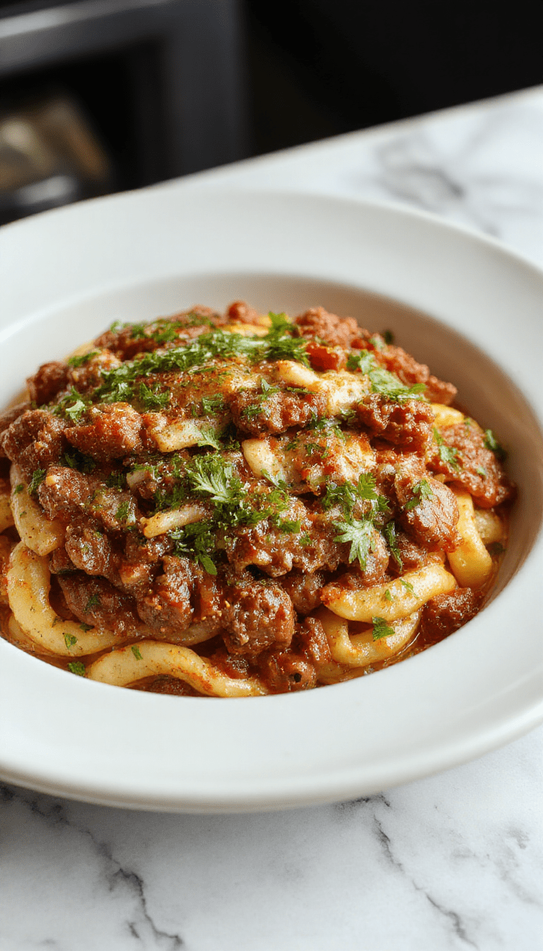 A warm, inviting plate of savory ground beef orzo topped with fresh herbs, featuring tender browned beef mixed with aromatic orzo pasta, garnished with chopped parsley and a sprinkle of grated cheese, served on a rustic wooden table with a cozy kitchen background.
