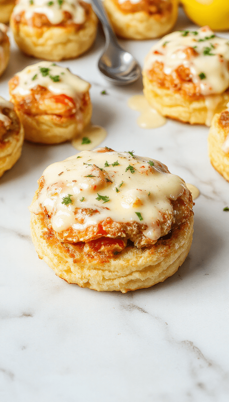A close-up of golden, flaky cheddar bay biscuits filled with tender crab meat, drizzled with glossy lemon butter sauce, garnished with fresh herbs, styled on a rustic white plate against a light wooden background.