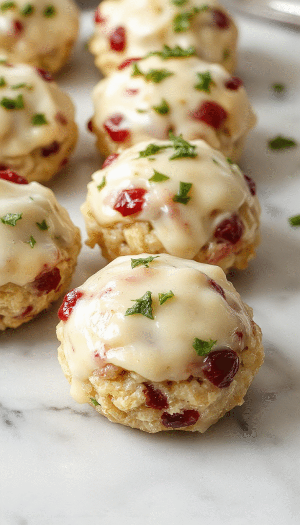 Colorful close-up of golden-brown cranberry turkey stuffing balls arranged on a rustic platter, garnished with fresh herbs and cranberry sauce, showcasing crispy textures and vibrant reds and browns.