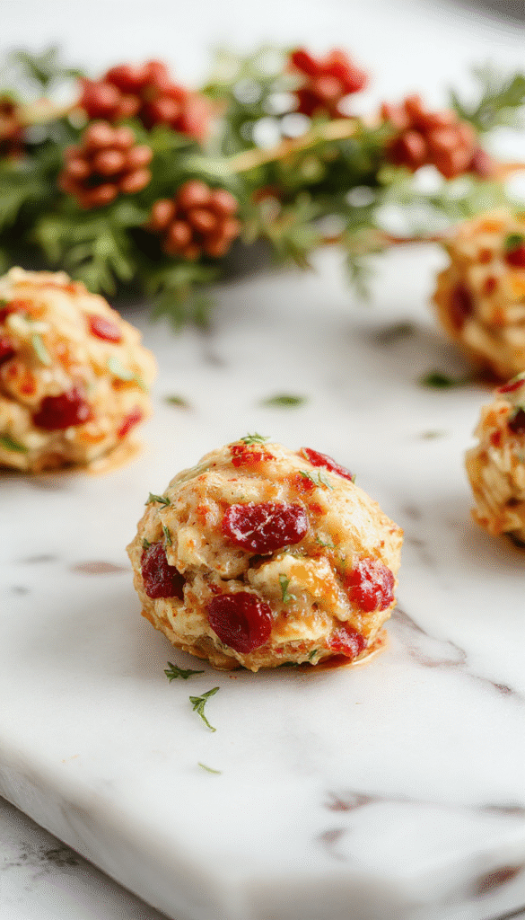 Colorful cranberry-turkey stuffing balls arranged on a white platter, garnished with fresh herbs and cranberry sauce, highlighting their golden-brown crispy exterior and festive appeal.