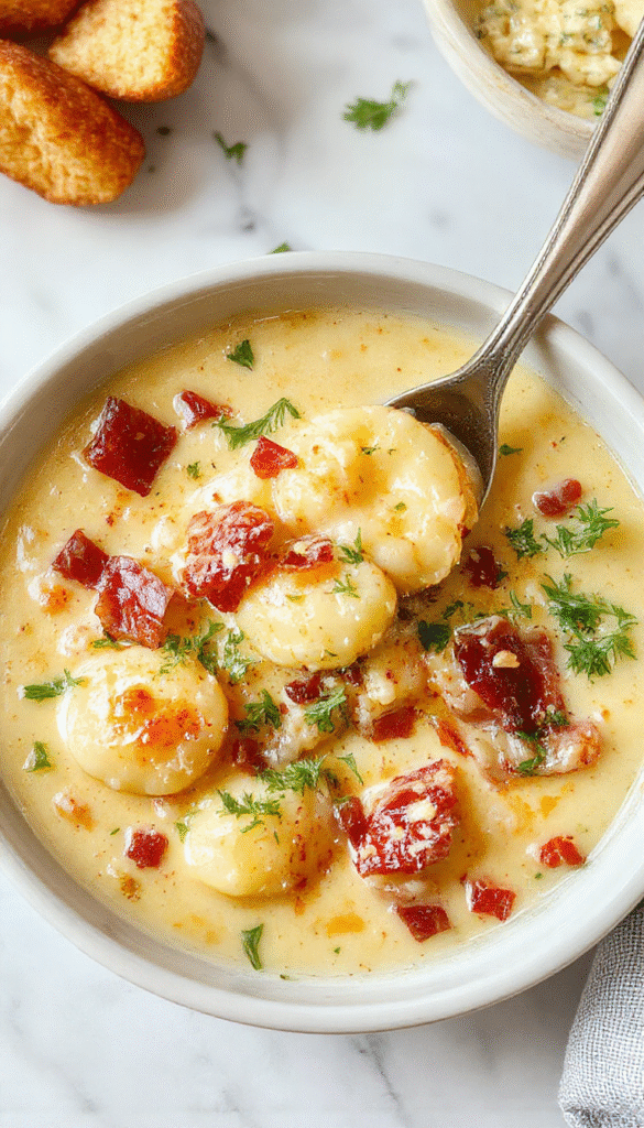 A steaming bowl of creamy bacon cheddar gnocchi soup garnished with crispy bacon bits and chopped chives, showcasing a rich, cheesy, velvety texture with golden brown gnocchi floating in a luscious broth, elegantly styled on a rustic wooden table with a sprinkle of shredded cheddar cheese and fresh herbs.