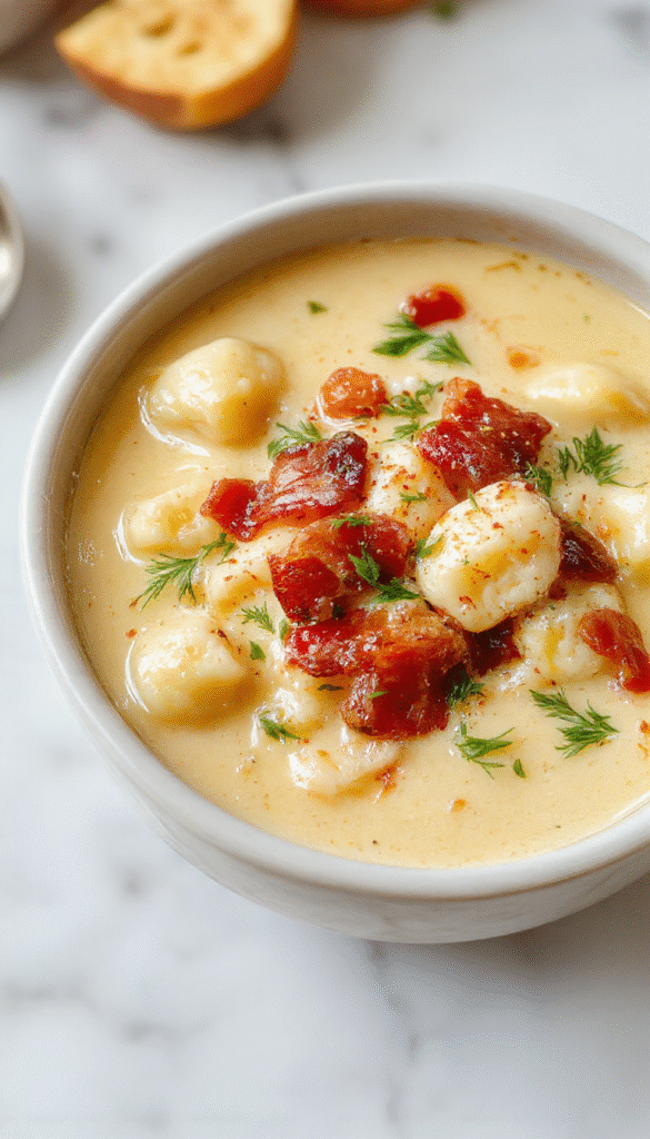 A bowl of creamy bacon cheddar gnocchi soup garnished with crispy bacon crumbles, melted cheese, and chopped fresh herbs. The soup has a rich, velvety texture with tender gnocchi, set against a rustic wooden table with a spoon and a slice of crusty bread in the background.