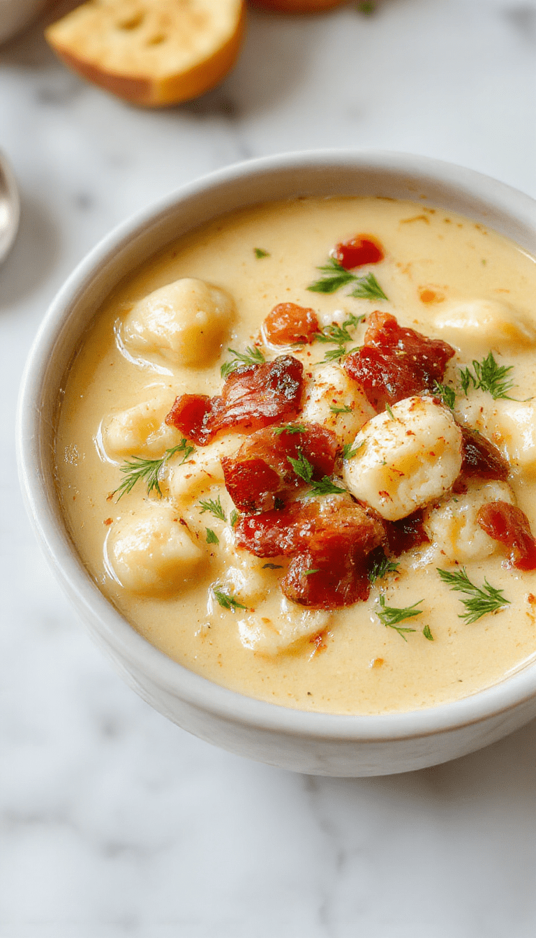 A bowl of creamy bacon cheddar gnocchi soup garnished with crispy bacon crumbles, melted cheese, and chopped fresh herbs. The soup has a rich, velvety texture with tender gnocchi, set against a rustic wooden table with a spoon and a slice of crusty bread in the background.