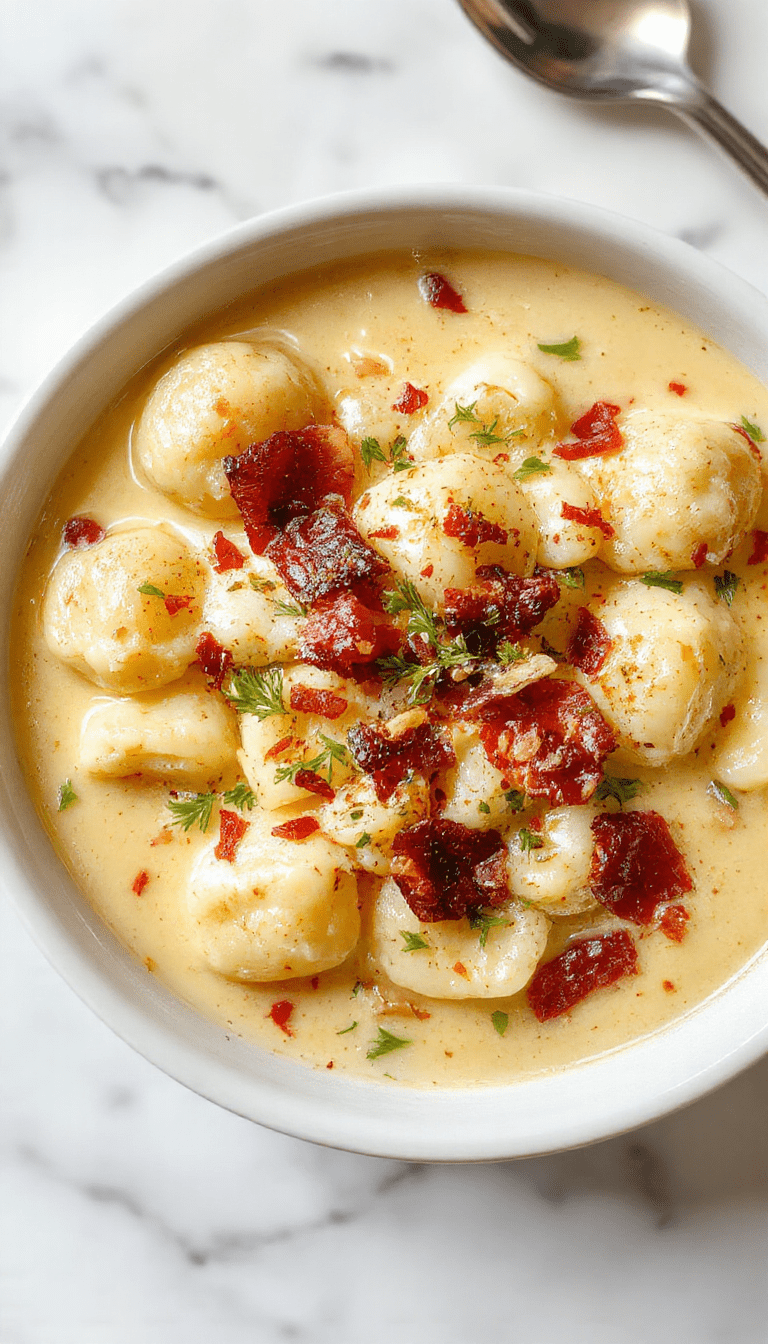 A bowl of rich creamy bacon cheddar gnocchi soup garnished with crispy bacon crumbles and shredded cheddar cheese, served in a rustic white bowl on a wooden table with fresh herbs nearby, steam rising, showcasing the velvety texture and hearty ingredients.