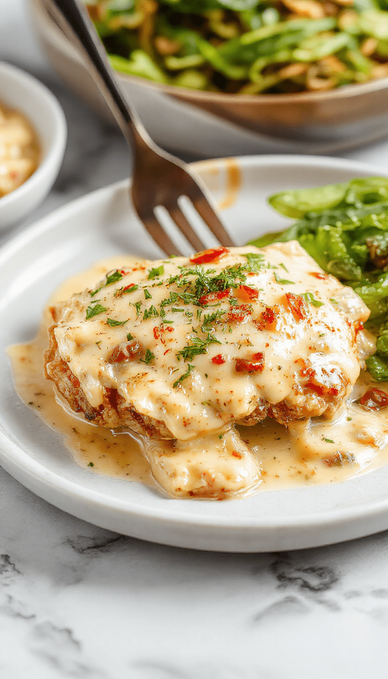 A close-up of a creamy chicken stroganoff served in a white bowl, topped with fresh chopped parsley. The dish features tender shredded chicken in a rich, glossy mushroom sauce with visible slices of mushrooms and a hint of herbs, complemented by a side of fluffy white rice. The vibrant colors of the dish contrast beautifully against a rustic wooden background, styled for an inviting and hearty meal.