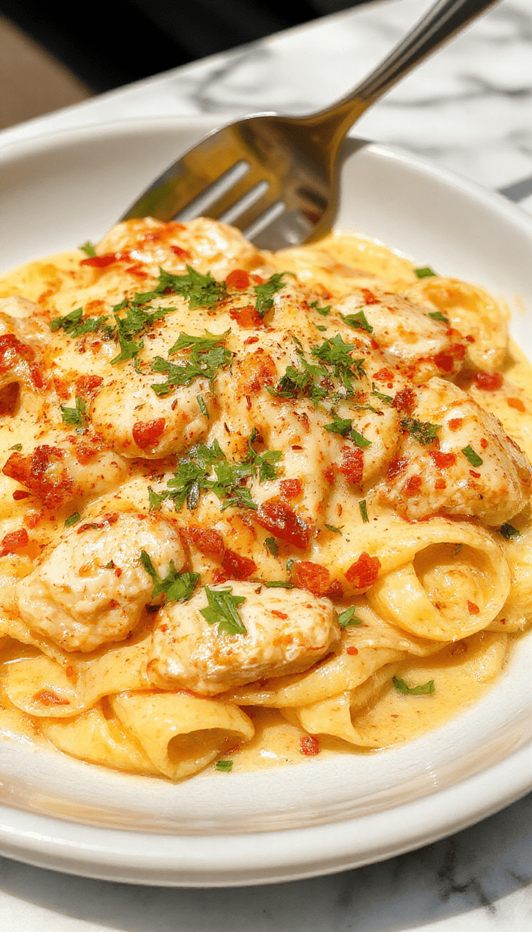 A close-up of a vibrant plate of creamy Boursin chicken pasta featuring tender chunks of chicken coated in a velvety white sauce, garnished with fresh herbs on a rustic wooden table, with a fork twirling a bite-sized portion showcasing the rich textures and glossy sauce.