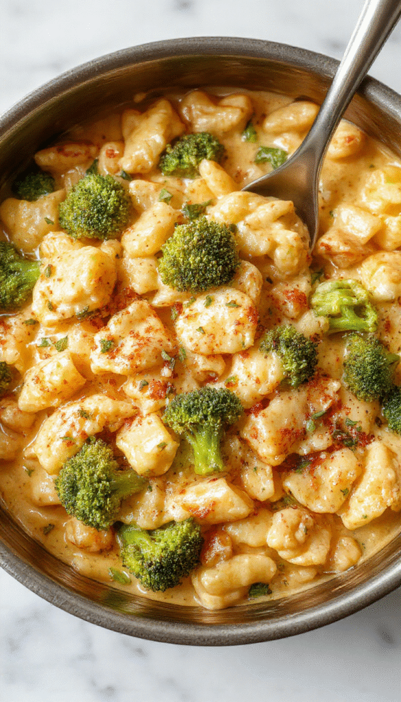 A creamy broccoli cheddar orzo served in a rustic white bowl, topped with fresh chopped broccoli and shredded cheddar cheese, with a wooden spoon resting beside the bowl on a light wooden surface with a sprig of fresh herbs and a sprinkle of cheese, styled for a cozy meal