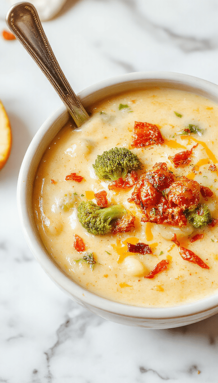 A bowl of creamy broccoli potato soup garnished with shredded cheese, chopped broccoli florets, and a drizzle of cream, served with crusty bread on a rustic wooden table, vibrant green and yellow hues, with steam rising for warmth.