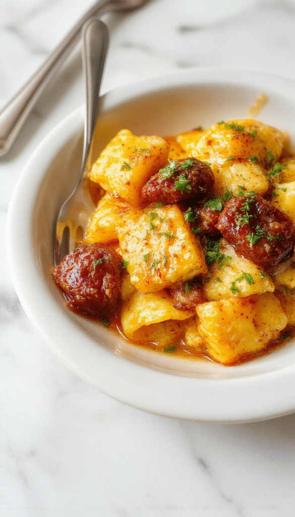 A vibrant plate of creamy butternut squash gnocchi served with browned sausage slices, garnished with fresh herbs. The gnocchi are golden and soft, coated in a rich, orange-colored squash sauce, contrasted by the savory browned sausage pieces. The dish is presented on a rustic white plate with a sprinkle of parmesan and a sprig of thyme, styled with a wooden table backdrop.