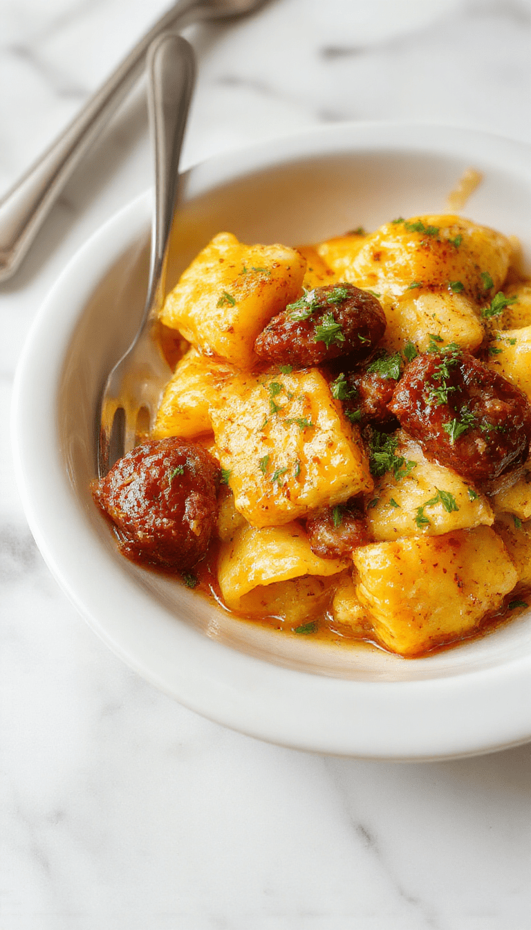 A vibrant plate of creamy butternut squash gnocchi served with browned sausage slices, garnished with fresh herbs. The gnocchi are golden and soft, coated in a rich, orange-colored squash sauce, contrasted by the savory browned sausage pieces. The dish is presented on a rustic white plate with a sprinkle of parmesan and a sprig of thyme, styled with a wooden table backdrop.