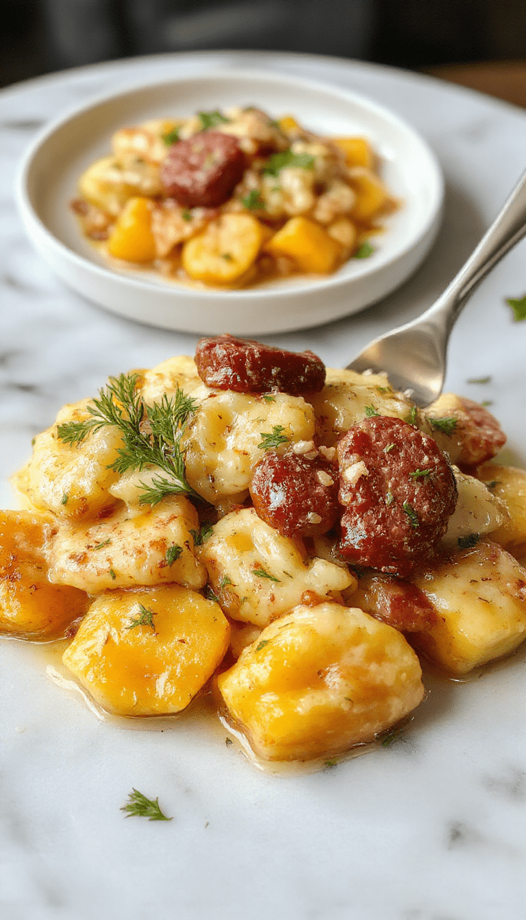 A vibrant plate of creamy butternut squash gnocchi garnished with crispy sausage slices, sprinkled with fresh herbs. The gnocchi are golden and tender, coated in a smooth, orange-colored squash sauce, styled elegantly on a white plate with a rustic wooden background and a sprinkle of herbs for garnish.