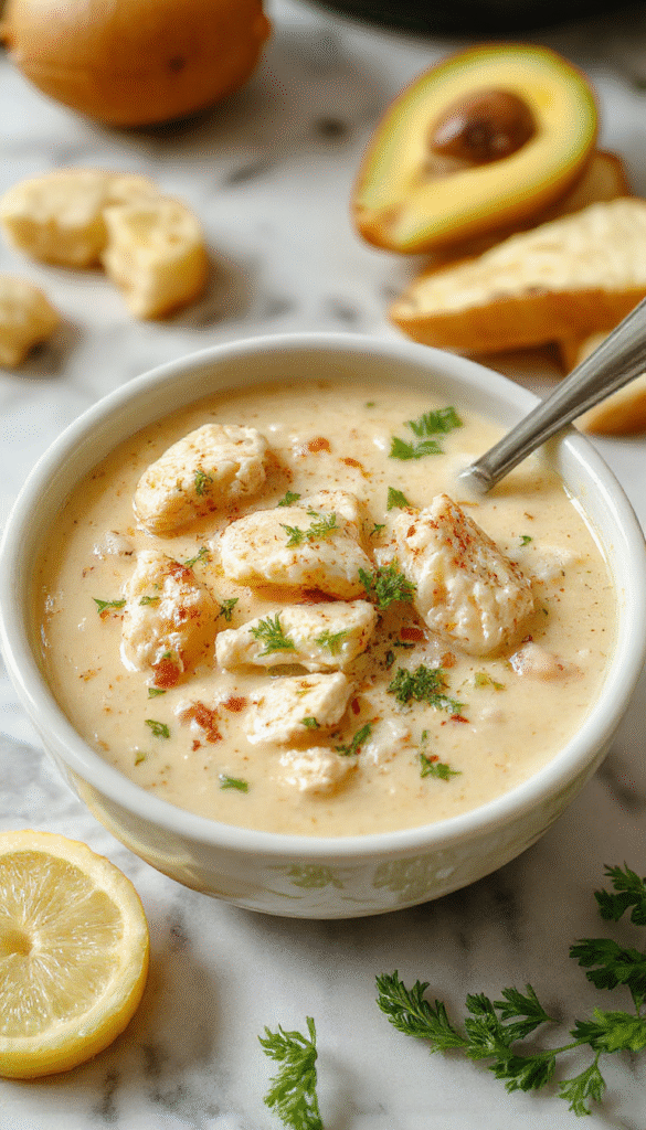 Vibrant bowl of Creamy Cajun Chicken Soup featuring tender pieces of chicken submerged in a rich, creamy sauce with red and green peppers, garnished with fresh herbs on a rustic wooden table with a colorful background.