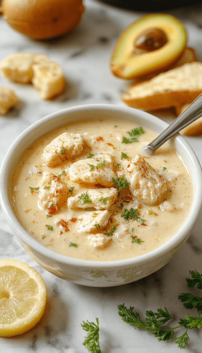 Vibrant bowl of Creamy Cajun Chicken Soup featuring tender pieces of chicken submerged in a rich, creamy sauce with red and green peppers, garnished with fresh herbs on a rustic wooden table with a colorful background.