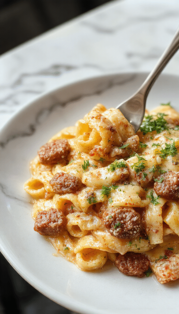 A vibrant, creamy Cajun sausage pasta served in a rustic bowl. The dish features tender slices of sausage coated in a rich, spicy sauce with colorful bell peppers and green herbs on top. The pasta is perfectly cooked, with a glossy, creamy appearance, garnished with fresh parsley, and styled with a rustic wooden background to emphasize a comforting, hearty meal.