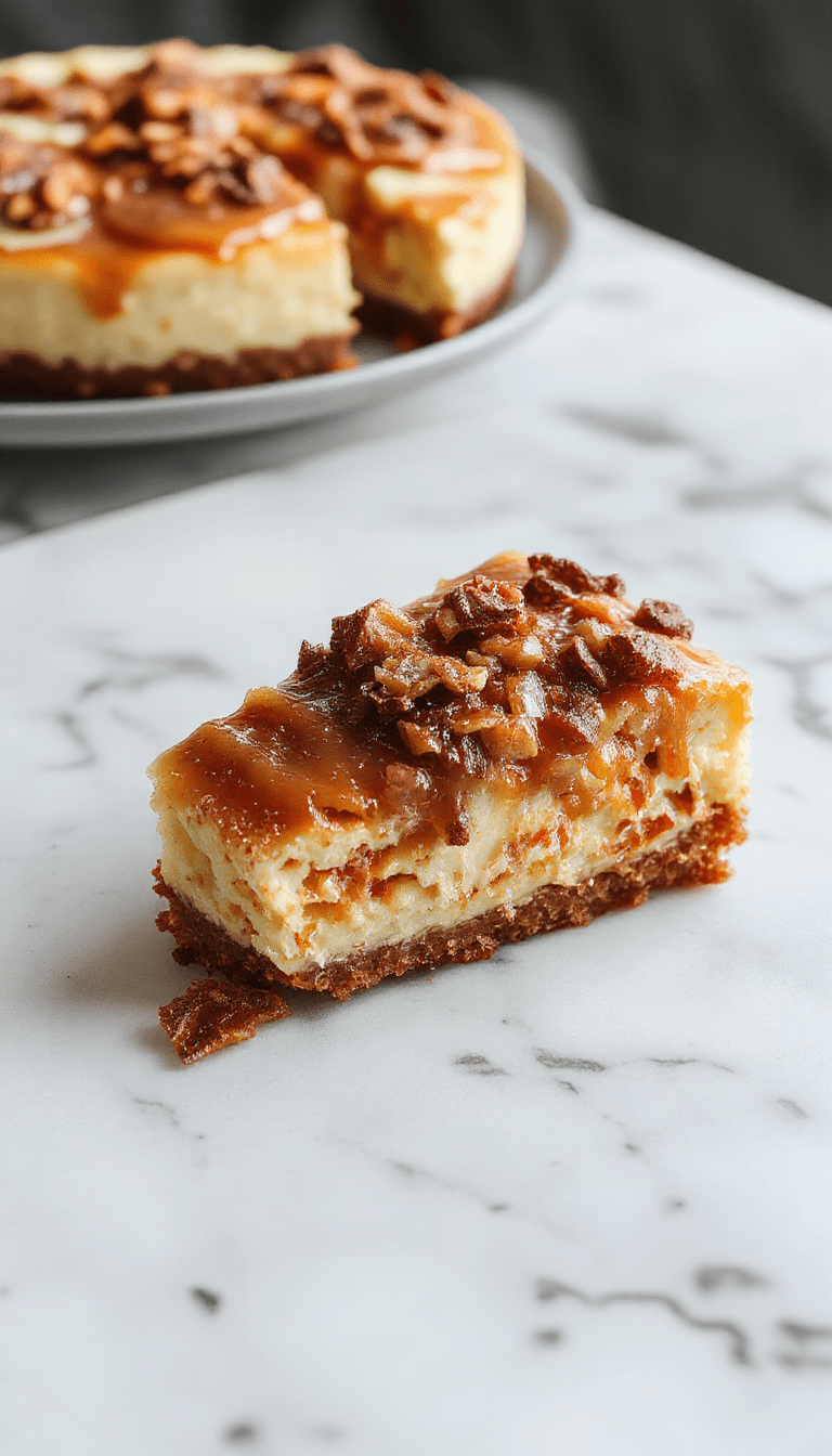 Vibrant orange carrot cake cheesecake topped with smooth cream cheese frosting and a drizzle of caramel sauce, decorated with shredded carrots and pecans, served on a rustic white plate with a blurred pastel background.