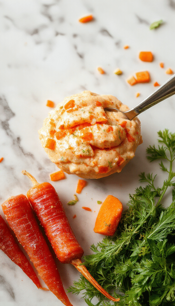 A vibrant white plate features bright orange smashed carrots garnished with fresh herbs. The carrots are cooked to tender consistency and mashed smoothly, with a slight sheen. The dish is styled with a rustic wooden table background, accented with sprigs of parsley and a lemon wedge on the side, creating an inviting and colorful presentation.