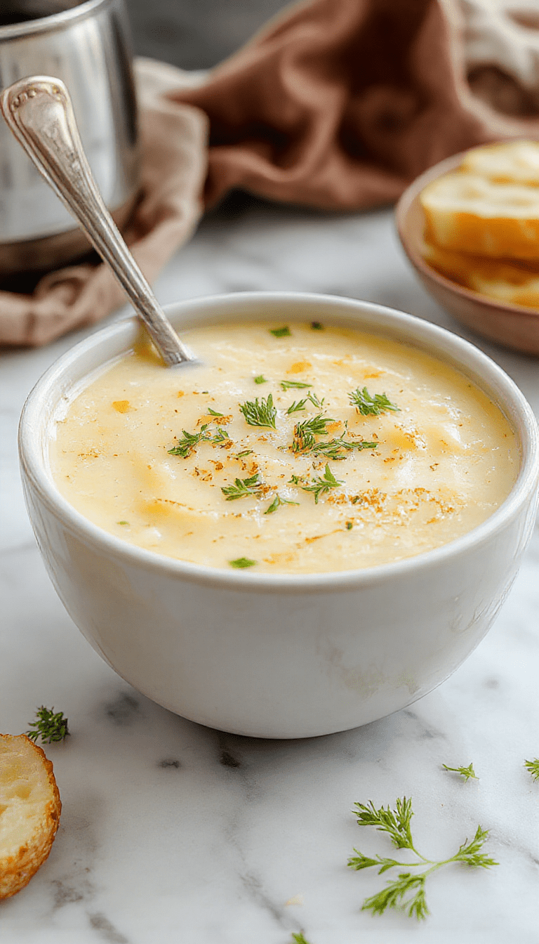 A steaming bowl of creamy potato soup garnished with melted cheddar cheese, chopped fresh herbs, and a sprinkle of black pepper. The soup has a rich, velvety texture with golden-brown crumbles of cheese on top, served in a rustic ceramic bowl on a wooden table with fresh herbs and crusty bread in the background.