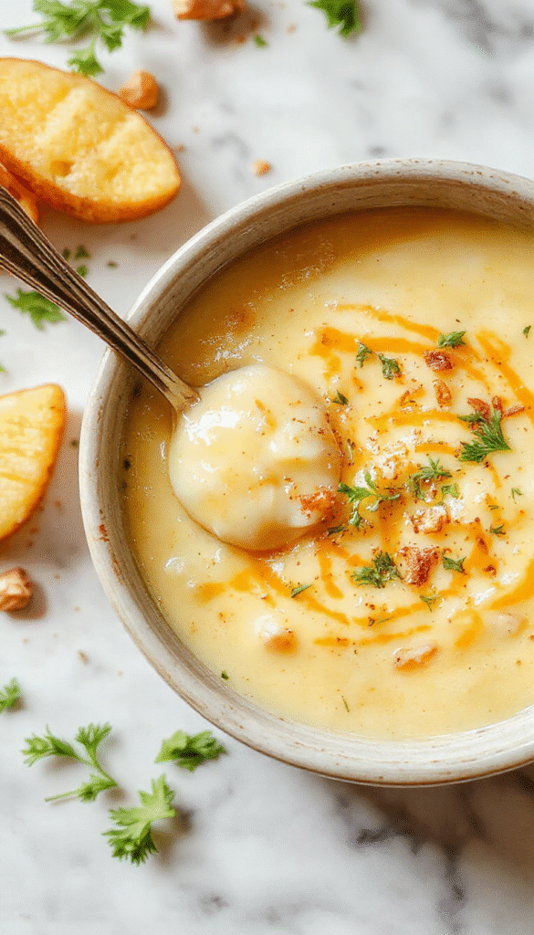 A steaming bowl of creamy potato soup topped with melted cheddar cheese, finely chopped herbs, and crispy garlic croutons, served in a rustic white bowl on a wooden table with fresh herbs and garlic cloves in the background