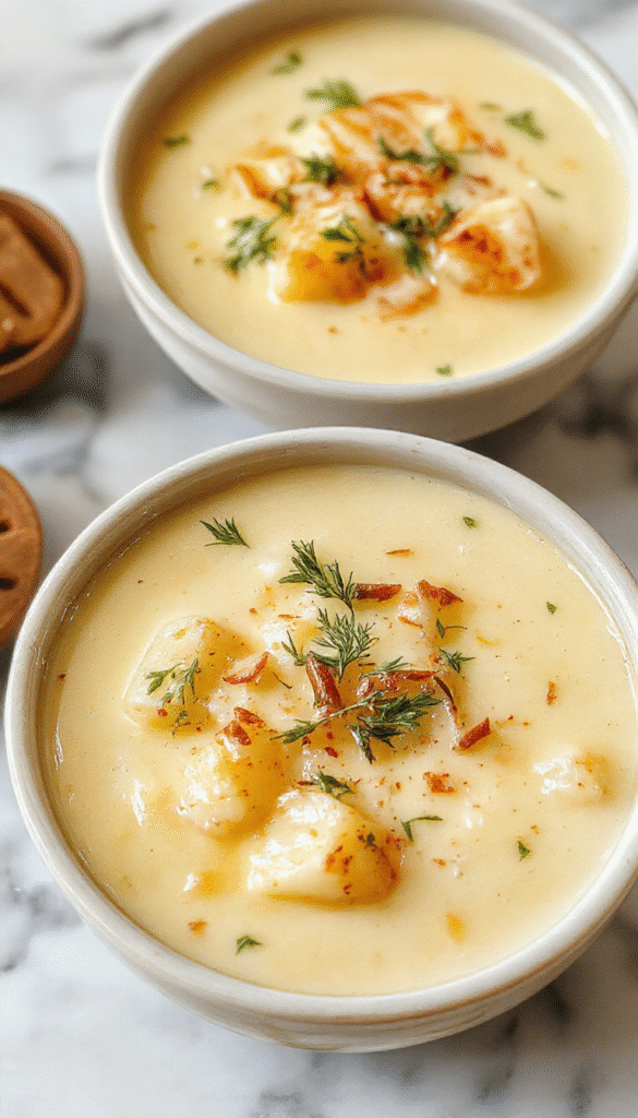 A bowl of creamy cheddar garlic herb potato soup garnished with fresh herbs and shredded cheese, served steaming on a rustic wooden table with crusty bread on the side.