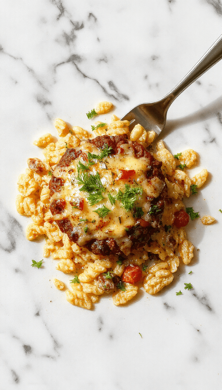 A vibrant skillet filled with creamy cheeseburger orzo garnished with fresh chopped herbs, melted cheese bubbling on top, served in a rustic black skillet with a wooden spoon, bright red tomatoes, and crisp lettuce on the side, creating an inviting, hearty, and colorful meal scene