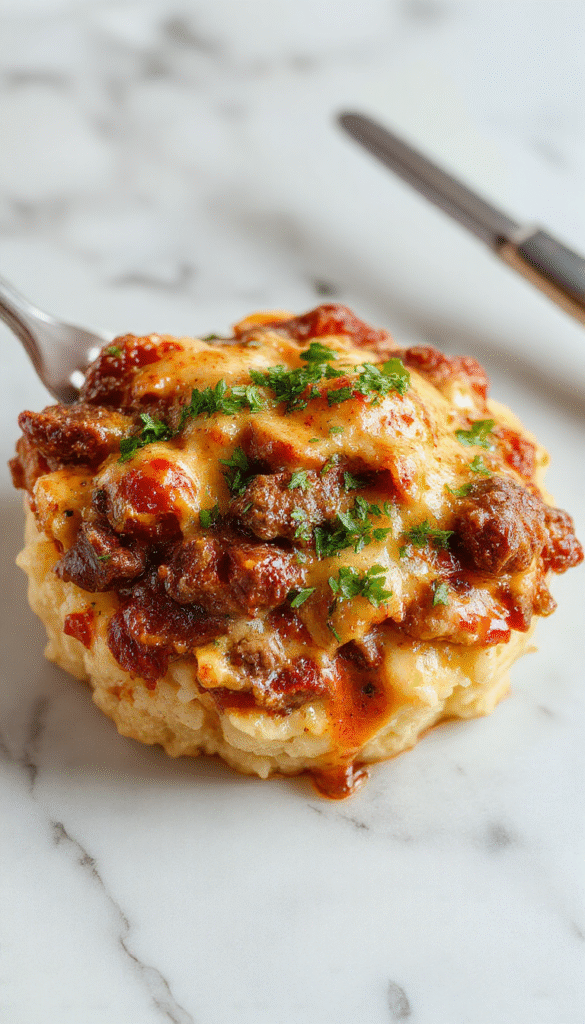 A hearty casserole dish with golden melted cheese on top, featuring browned ground beef mixed with fluffy white rice and vibrant green herbs, served in a white baking dish with a rustic wooden background, steam rising from the hot dish, inviting and comforting
