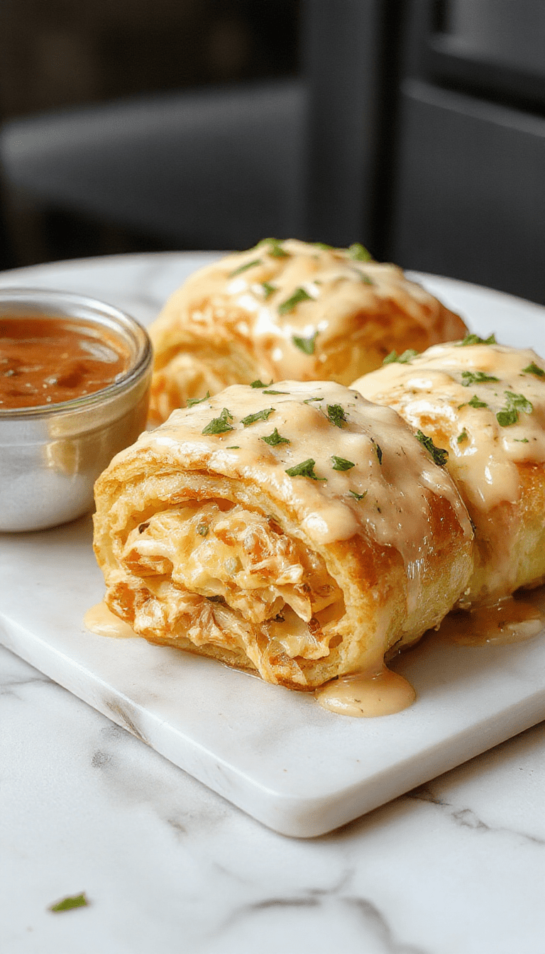 A close-up of golden-brown crescent rolls filled with juicy shredded chicken and melted cheese, arranged on a rustic wooden platter with sprigs of fresh herbs, showcasing a flaky, crispy texture and gooey cheese pull.