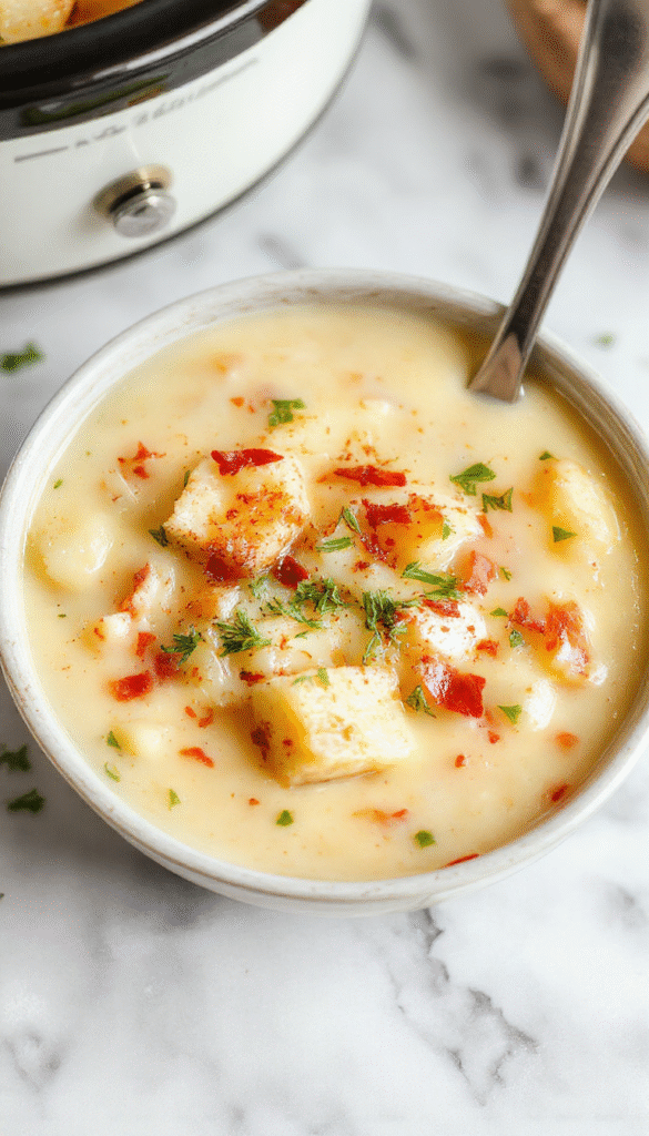 A close-up of a bowl of steaming creamy potato soup topped with melted cheese, chopped green onions, and crispy bacon bits, served in a rustic white bowl on a wooden table, with a spoon resting beside and a sprig of parsley for garnish, showcasing a rich, velvety texture with gooey cheese and fresh herbs.