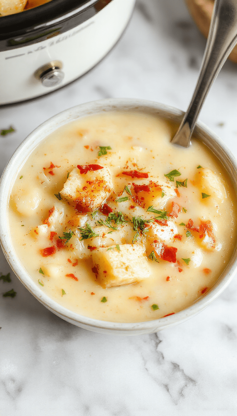 A close-up of a bowl of steaming creamy potato soup topped with melted cheese, chopped green onions, and crispy bacon bits, served in a rustic white bowl on a wooden table, with a spoon resting beside and a sprig of parsley for garnish, showcasing a rich, velvety texture with gooey cheese and fresh herbs.