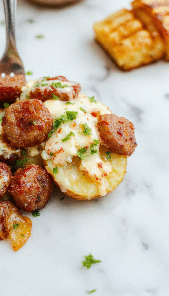 A vibrant plate showcasing golden roasted potatoes topped with melted cheese and fresh green herbs, paired with slices of smoky sausage, with a creamy ranch drizzle and rustic serving style highlighting the cheesy, savory textures and colorful ingredients.