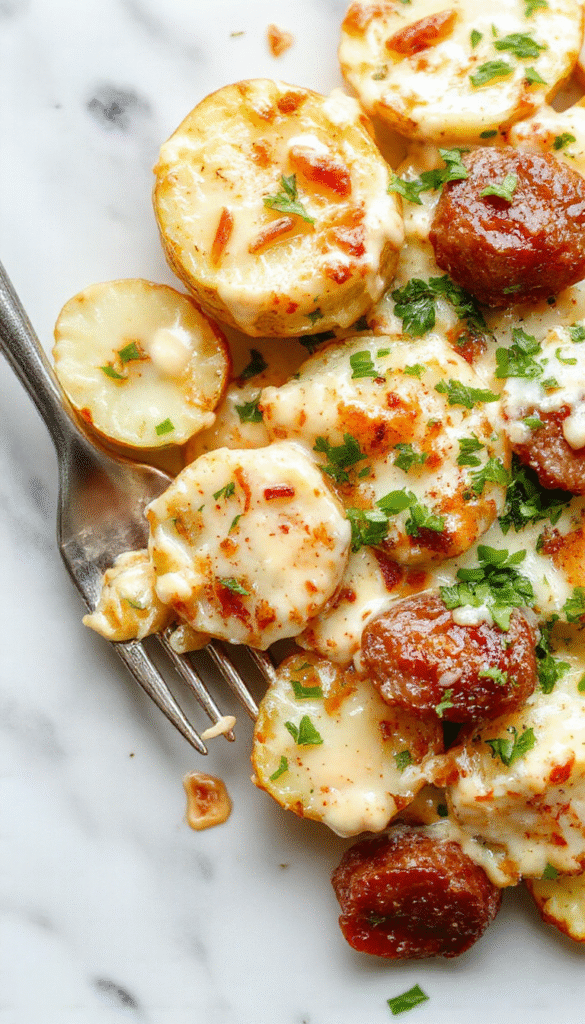 A colorful plate featuring golden-brown roasted potatoes topped with melted cheese and herbs, accompanied by slices of smoky sausage, garnished with fresh parsley, set on a rustic wooden table with a creamy ranch dressing drizzle.