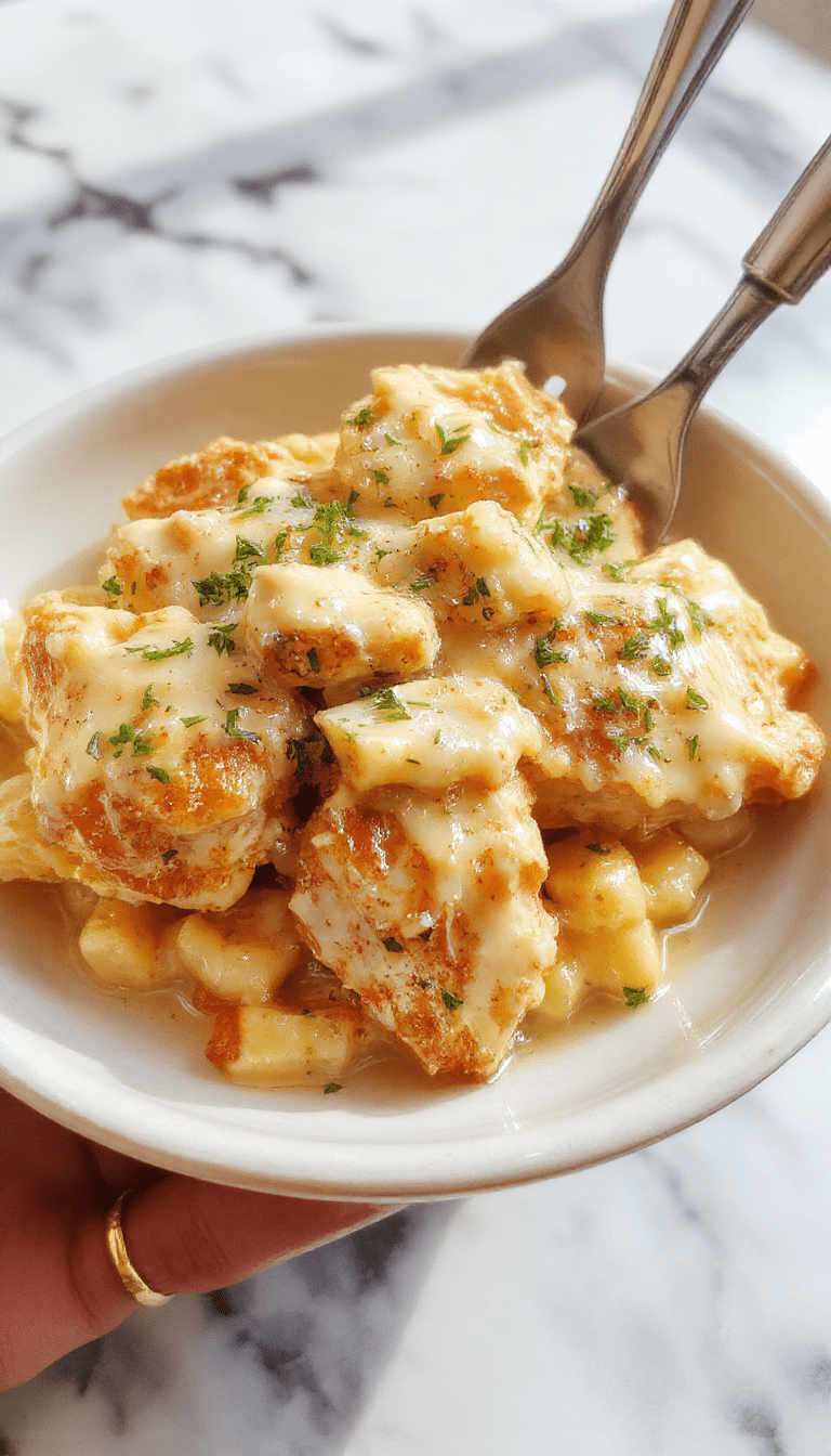 A close-up of a creamy chicken Alfredo pasta dish served on a white plate, topped with freshly grated Parmesan cheese and chopped parsley, with a silky sauce coating tender chicken strips and al dente pasta. The background features a rustic wooden table with a fork twirling some pasta, emphasizing rich textures and vibrant colors.