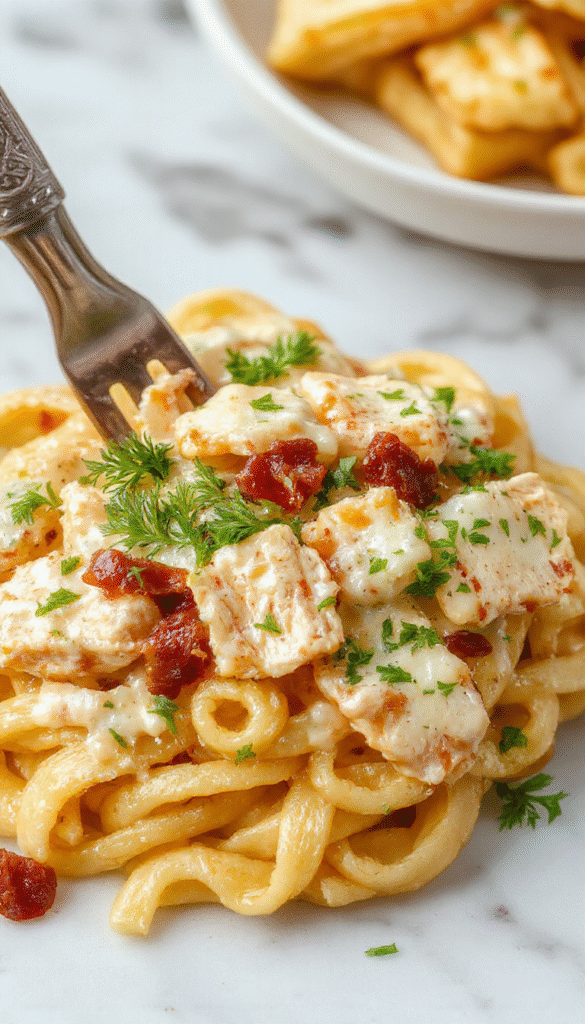 A vibrant plate of creamy chicken bacon ranch pasta featuring tender pasta coated in a rich, creamy sauce, topped with crispy bacon bits and fresh herbs, garnished with a sprinkle of shredded cheese. The dish is styled on a rustic wooden table with a fork and a sprig of parsley, highlighting the textures and inviting aroma.
