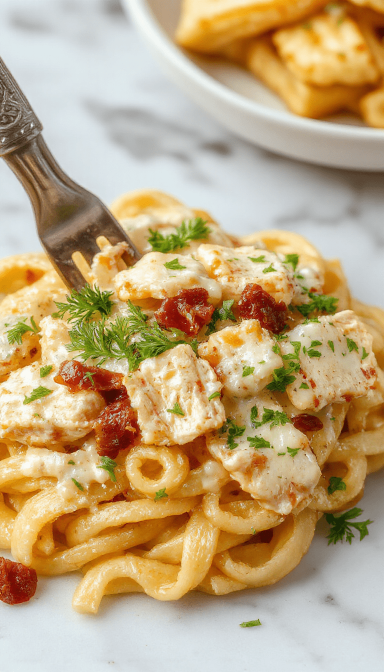 A vibrant plate of creamy chicken bacon ranch pasta featuring tender pasta coated in a rich, creamy sauce, topped with crispy bacon bits and fresh herbs, garnished with a sprinkle of shredded cheese. The dish is styled on a rustic wooden table with a fork and a sprig of parsley, highlighting the textures and inviting aroma.