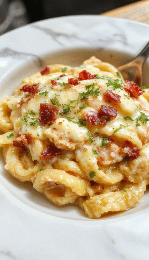 A vibrant plate of creamy chicken bacon ranch pasta showcases al dente pasta coated in a luscious white sauce, topped with crispy bacon bits, tender chicken pieces, fresh chopped herbs, and a drizzle of ranch dressing. The dish is beautifully styled on a rustic wooden table with contrasting colors of the ingredients highlighting textures and richness.