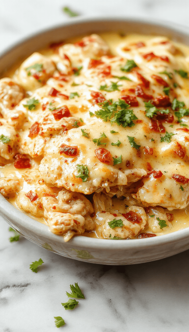 A vibrant serving of chicken burrito casserole on a rustic wooden plate featuring golden-brown baked layers of shredded chicken, melted cheese, diced tomatoes, and green herbs, garnished with fresh cilantro and served alongside lime wedges. The casserole is styled with a drizzle of sour cream and a side of crisp tortilla chips, creating a colorful and appetizing presentation with textures of crispy edges and creamy topping.