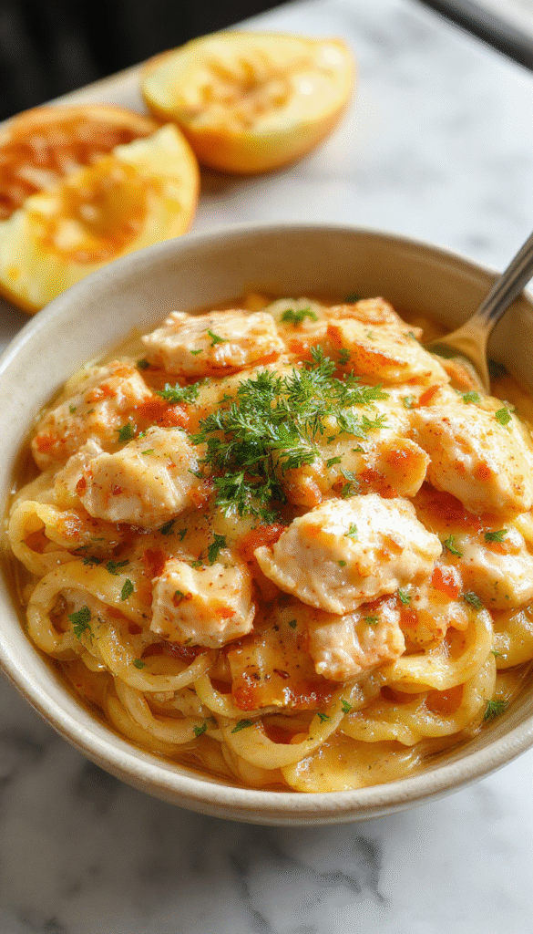 A rustic white plate featuring golden-brown buttered noodles topped with tender shredded chicken, garnished with chopped parsley. The noodles look glossy and perfectly coated in butter, with steam rising gently. The background showcases a cozy kitchen setting with warm lighting, highlighting the inviting texture of the dish and colorful ingredients.