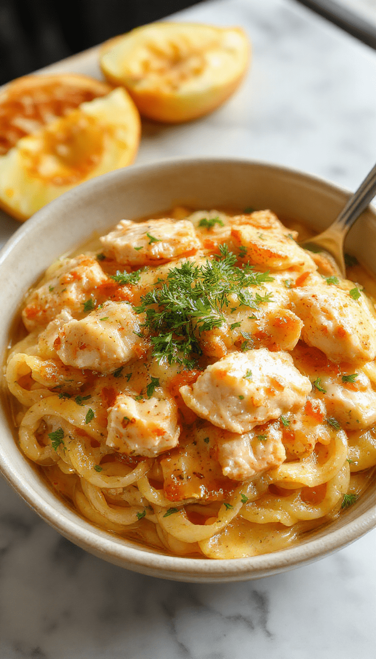 A rustic white plate featuring golden-brown buttered noodles topped with tender shredded chicken, garnished with chopped parsley. The noodles look glossy and perfectly coated in butter, with steam rising gently. The background showcases a cozy kitchen setting with warm lighting, highlighting the inviting texture of the dish and colorful ingredients.